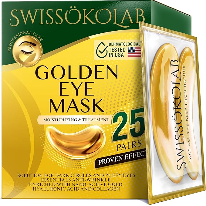 SWISSÖKOLAB Under Eye Patches For Puffy Eyes 24k Gold Eye Mask Dark Circles And Puffiness Collagen Eye Gel Pads Moisturizing & Reducing Wrinkles Anti-Aging Hyaluronic Acid (24K Gold Eye Mask)