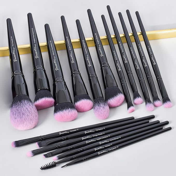 Bueart Design 18Pcs Pro Deluxe Fuchsia Pink Black Makeup Brushes set with Travel Make up Brush Holder case Foundation concealer contour Blush eyeshadow face make up brush set