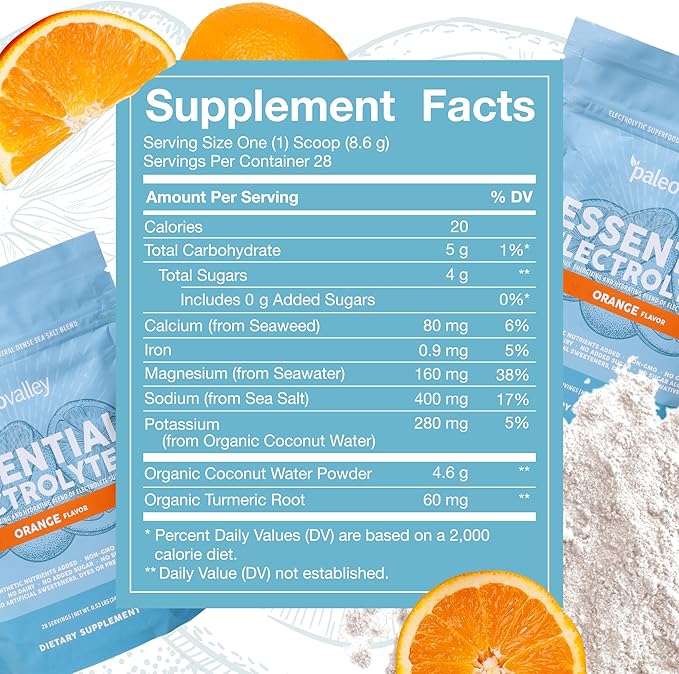 Paleovalley Essential Electrolytes Powder - Full Spectrum Orange Electrolyte Powder for Hydration, Energy and Muscle Recovery - No Sugar Added - 28 Servings