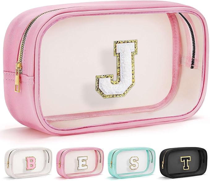YOOLIFE Birthday Gifts | Initial Travel Essentials Makeup Bag, Clear Toiletry Bag Pouch Cosmetic Bag Case Large Makeup Bag Personalized Pink Birthday Gifts for Women Teacher Mom Teen Friends J