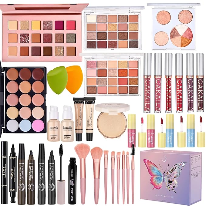 All in One Makeup Kit, Make Up Gift Set for Women, Makeup Kit for Women Full Kit, Includes Foundation Face Primer Eyeshadow Concealer Liquid Blush Lipgloss Eyeliner Mascara Cosmetic Brushes Set