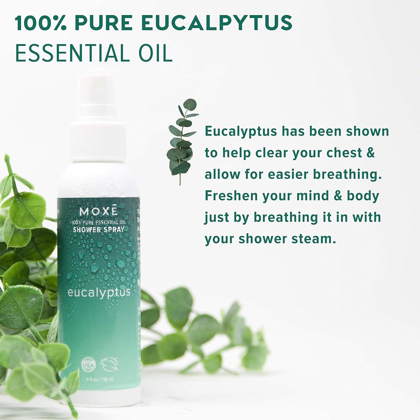 MOXE Shower Mist, Spa Steam Spray, Certified Natural Essential Oils, Aromatherapy, Calming Relief (Lavander and Eucalyptus, 4 Fl Oz (Pack of 2))