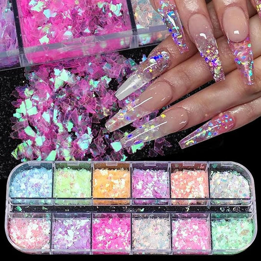 12 Colors Holographic Nail Art Glitter Sequins Iridescent Ice Slag Nail Glitter Laser Nail Art Flakes Colored Fluorescent Glass Paper Nail Sticker Decoration for Face Hand Body Make-Up DIY