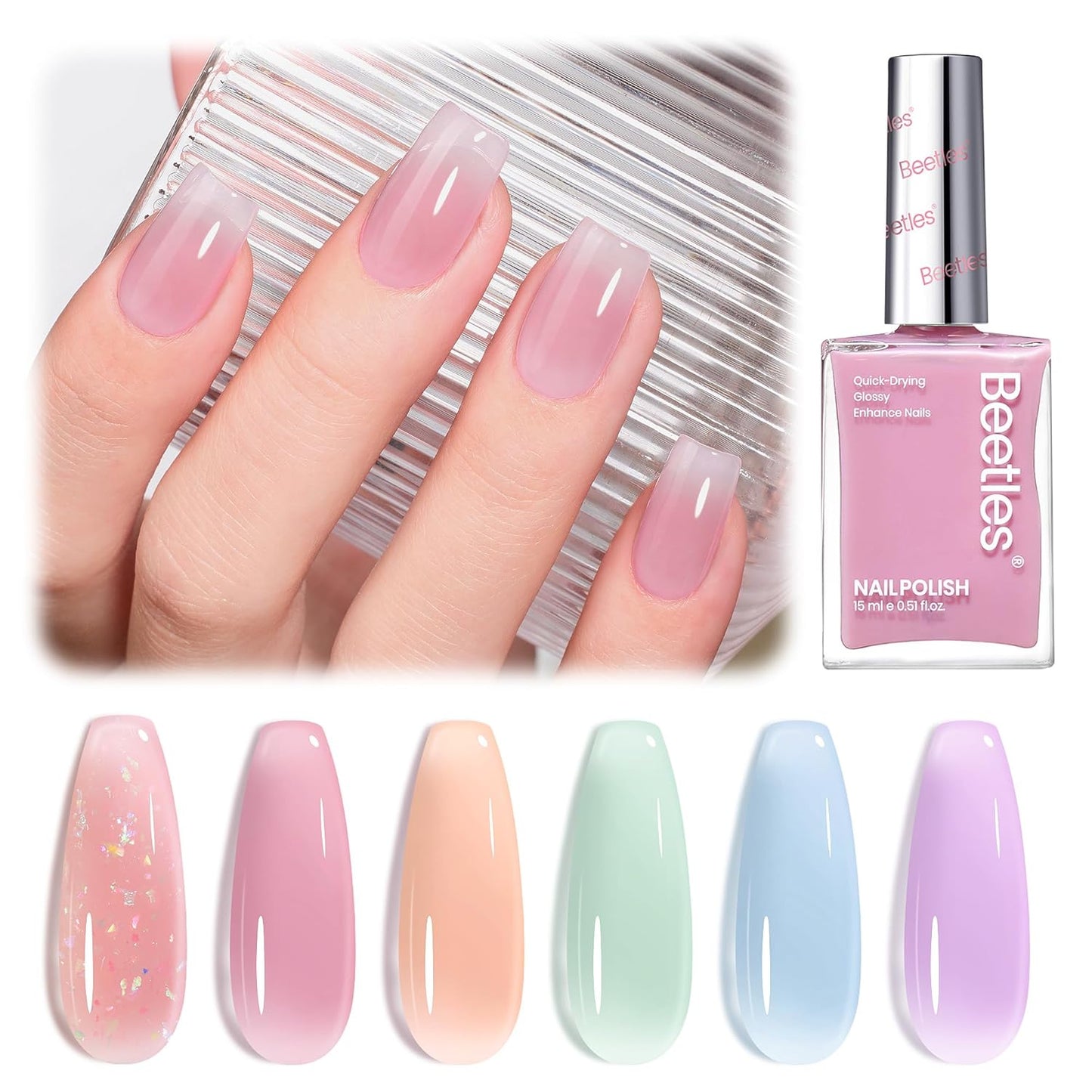 Beetles Jelly Nail Polish Set, 6 Colors Clear Pastel Nail Polish Glitter Pink Dusty Rose Orange Green Blue Purple Long Lasting & Quick Dry Nail Strengthener Polish Gift Sets for Women