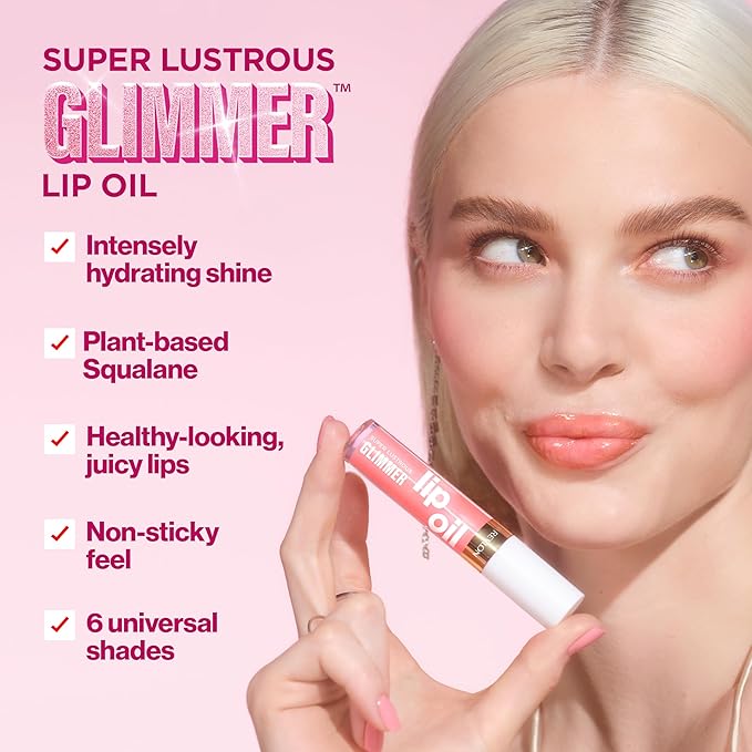 Revlon Super Lustrous Glimmer Lip Oil, Moisturizing & Tinted, Shiny Finish, Made with Plant-Based Squalane, 004 Gone Rose, 0.13 fl oz