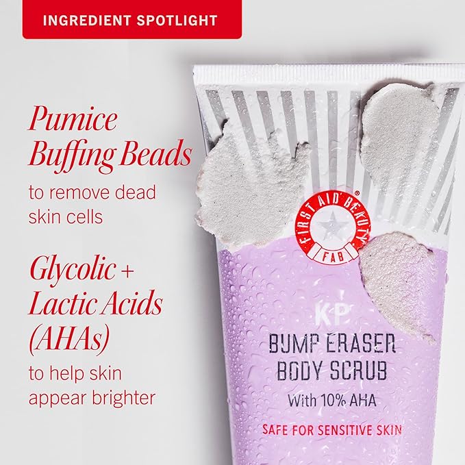 First Aid Beauty KP Bump Eraser Body Scrub Exfoliant for Keratosis Pilaris with 10% AHA – 8 oz + Bonus 1 oz Travel Size Tube