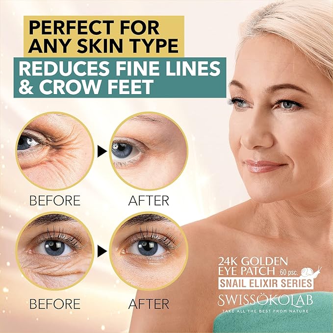 SWISSÖKOLAB Under Eye Patches For Puffy Eyes 24k Gold Eye Mask Dark Circles And Puffiness Collagen Eye Gel Pads Moisturizing & Reducing Wrinkles Anti-Aging Hyaluronic Acid (Snail Series)