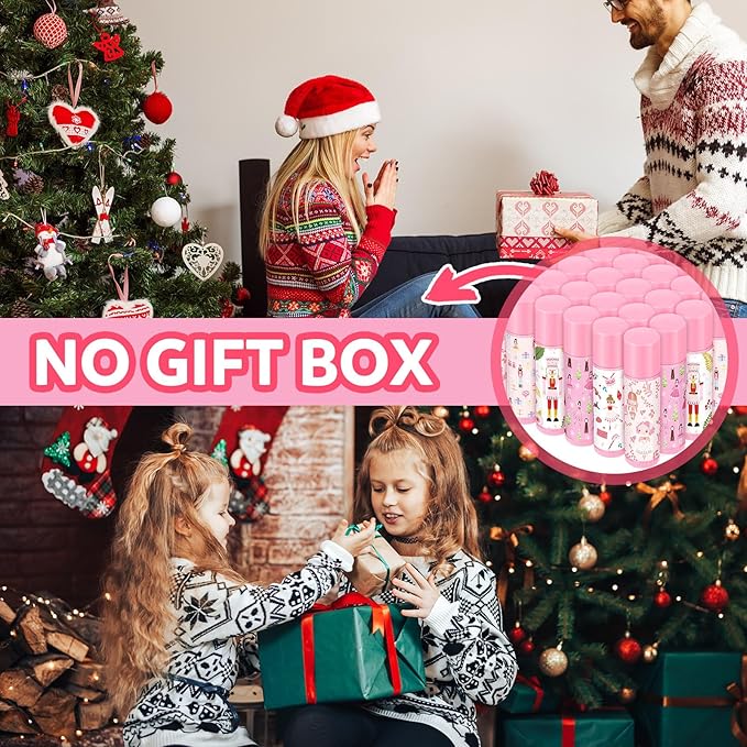 Dunzy 50 Pcs Christmas Lip Balm Gifts Bulk Pink Christmas Nutcracker Themed Lip Balm Xmas Lip Moisturize for Lip Care Xmas Holiday Party Stocking Stuffers, 5 Flavors