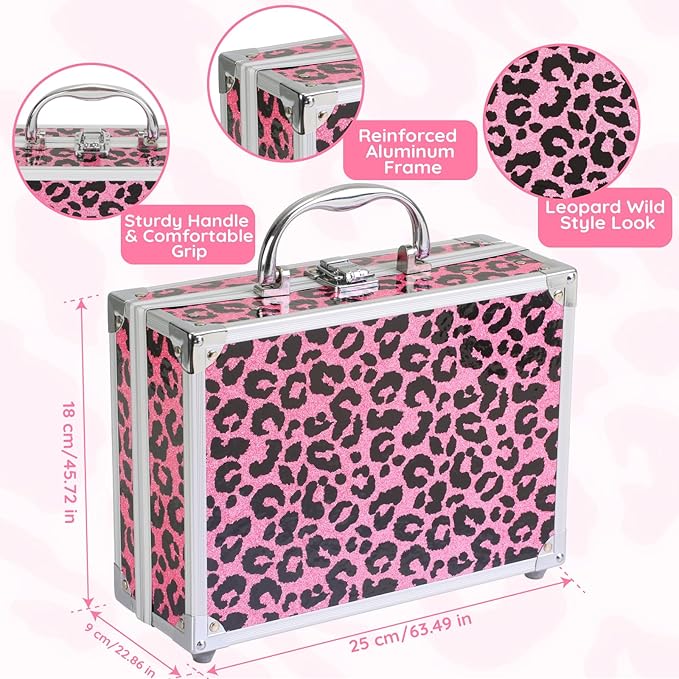 Anpro All-In-One Leopord Double Folding Makeup Carry Case with Pro Teen Makeup Set, Full Starter Kit with Makeup Brushes, Lipsticks, Eyeshadow Palette, Blushes, Glitter Gel, Ideal Present for Girls