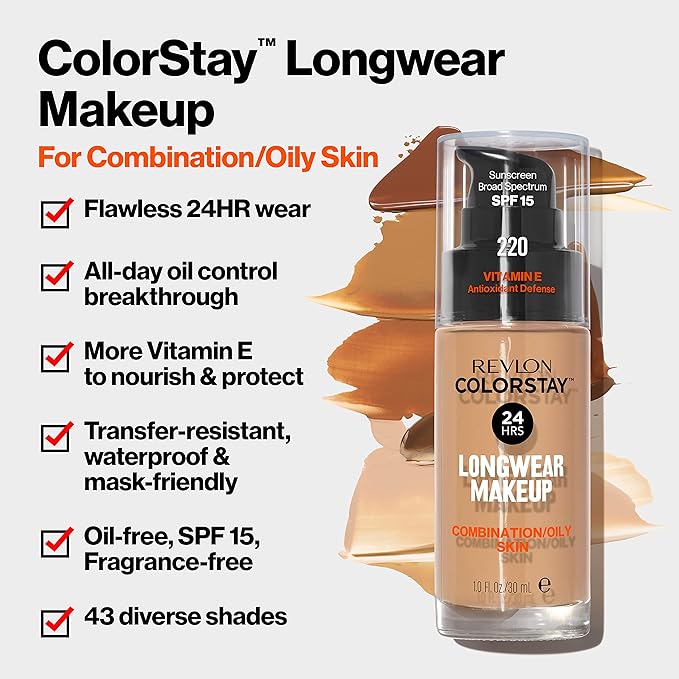 Revlon Liquid Foundation, ColorStay Face Makeup for Combination & Oily Skin, SPF 15, Longwear Medium-Full Coverage with Matte Finish, Nude (200), 1.0 Oz