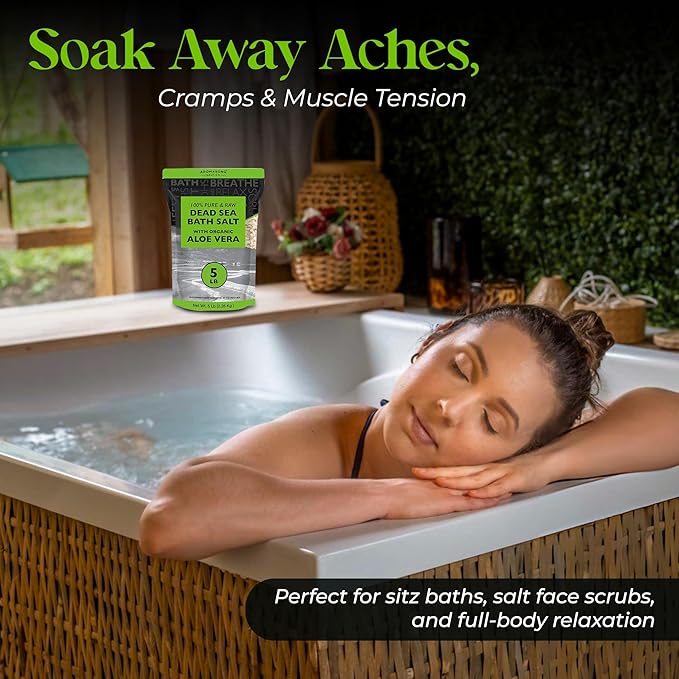 Aromasong 5 lbs Raw Dead Sea Salt with Organic Aloe Vera, not Cleaned, Still Contains All Dead sea Minerals Including Dead sea Mud, Fine Medium Grain Large resealable Bulk Pack (Packaging May Vary)