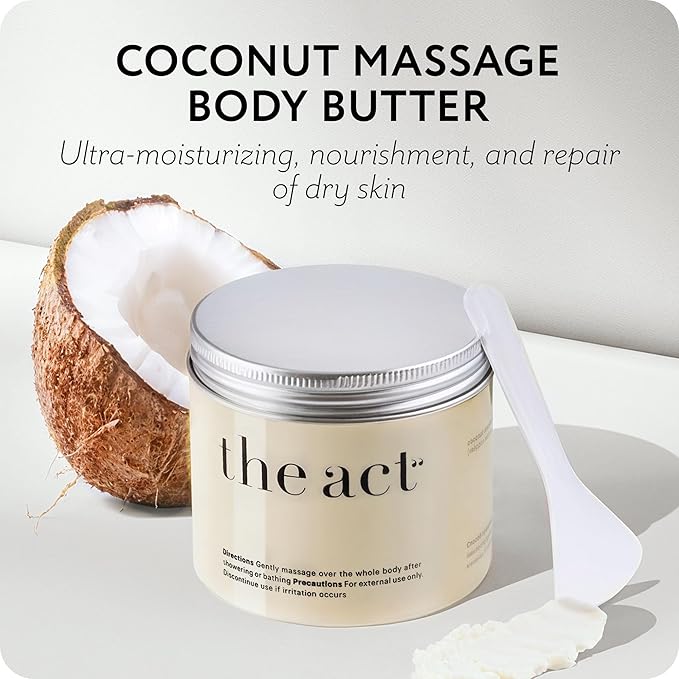 THE ACT Solid Coconut Body Butter – Organic Vegan Moisturizer with Shea & Almond Oils – Melts in Hands – Massage Balm for Dry Skin – Natural Skincare for Women & Men – 6 oz with Spatula