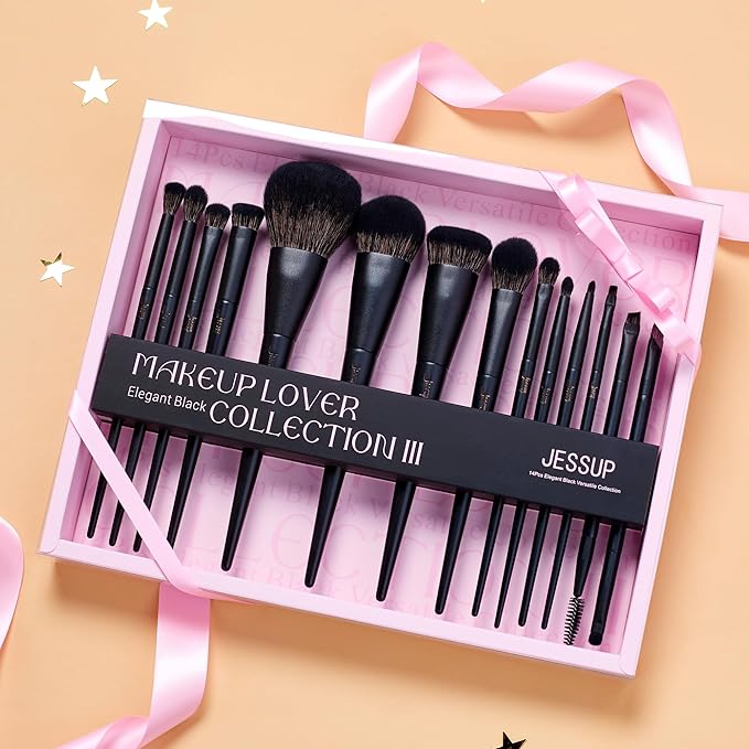 Jessup Makeup Brushes Set Jessup Make up Brushes 14Pcs Black Kabuki Foundation Eyeshadow Contour Concealer Powder Eyeliner Crease Eyebrow Blending Brush with Gift Box, T336-G