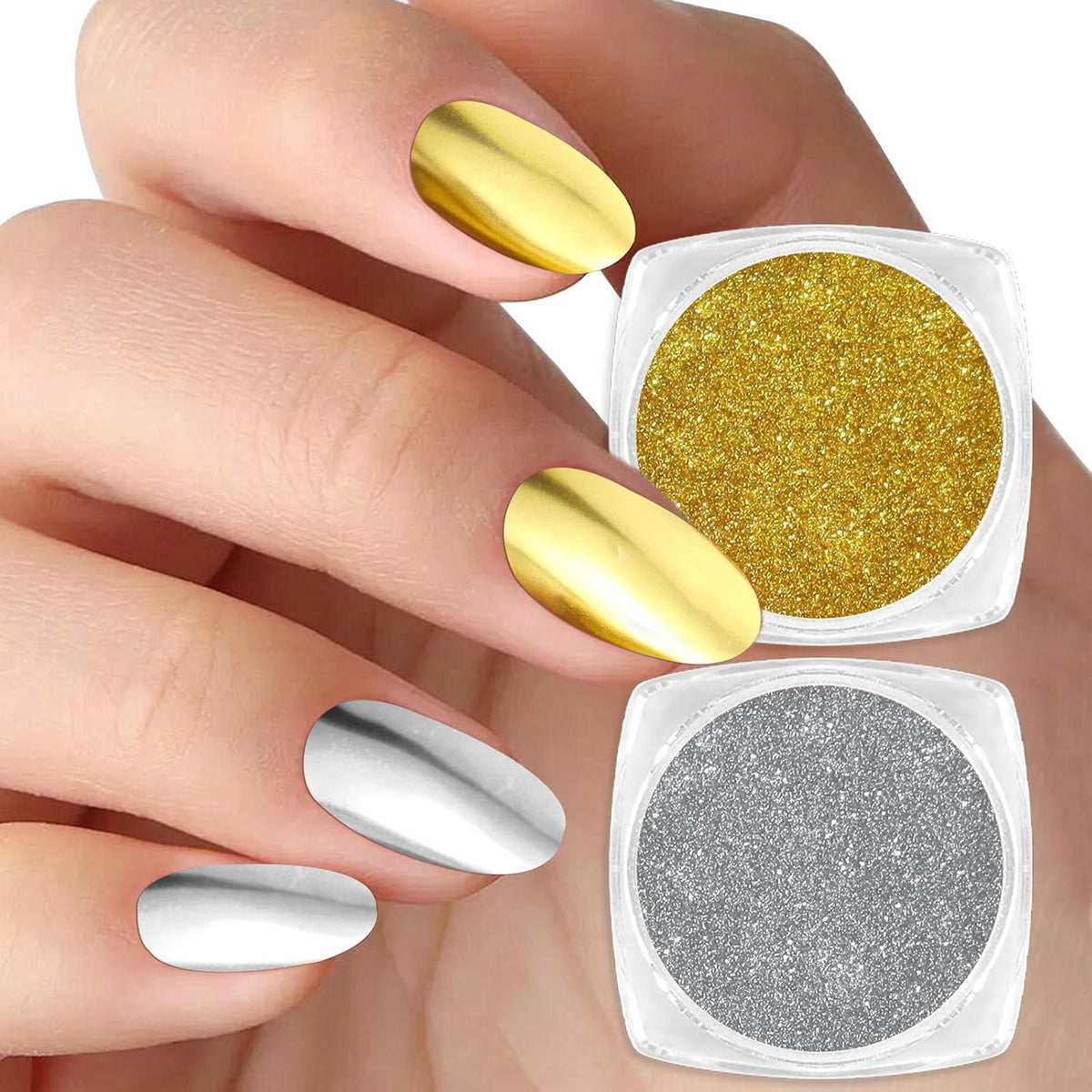 Allstarry Gold and Silver Chrome Nail Powder, 2 Colors Metallic Effect Mirror Gold Chrome Powder Pigment Shiny Holographic Manicure Pigment Siver Nail Fine Glitter Dust Kit for Nail Art