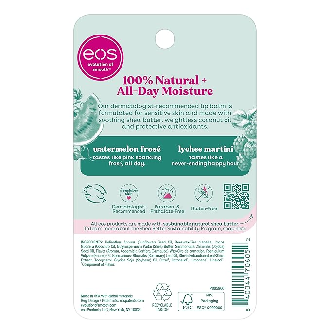 eos 100% Natural Lip Balm Sticks- Watermelon Frosé and Lychee Martini | Dermatologist Recommended for Sensitive Skin | All Day Moisture | 0.14 oz | 2-Pack