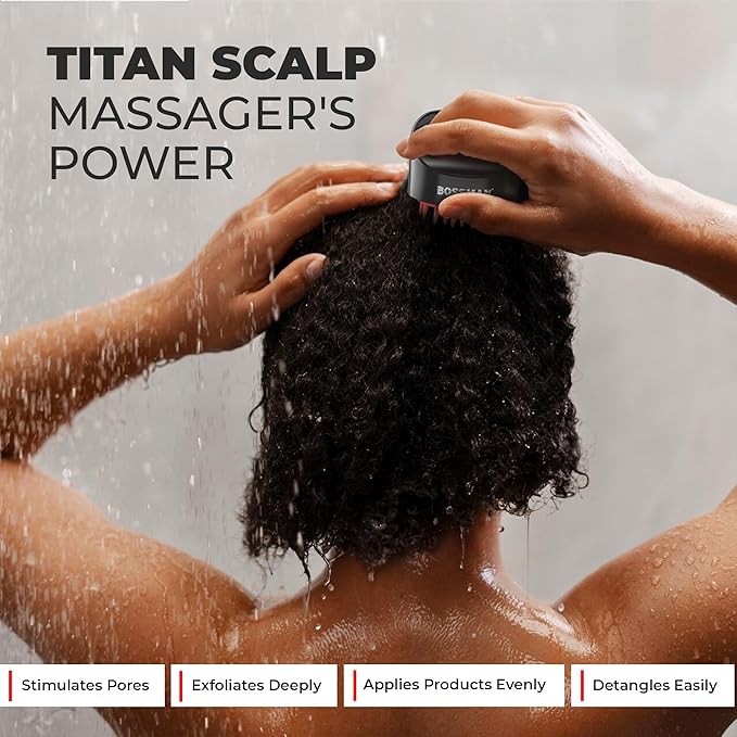 Bossman Titan Shower Scalp Massager – Ergonomic Silicone Scrubber for Product Build-Up, Dandruff & Pore Stimulation – Head & Beard Care Tool with Soft Bristles