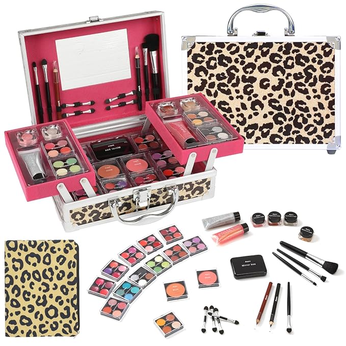 Anpro All-In-One Leopord Double Folding Makeup Carry Case with Pro Teen Makeup Set, Full Starter Kit with Makeup Brushes, Lipsticks, Eyeshadow Palette, Blushes, Glitter Gel, Ideal Present for Girls