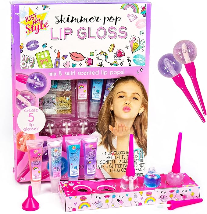 Just My Style Shimmer Pop Lip Gloss, Create 5 Lollipop-Shaped Lip Glosses, Includes Funnel, Empty Lip Gloss Containers, Sweet Lip Gloss Base, Body Glitter & More, DIY Lip Gloss, Multi (208316J)