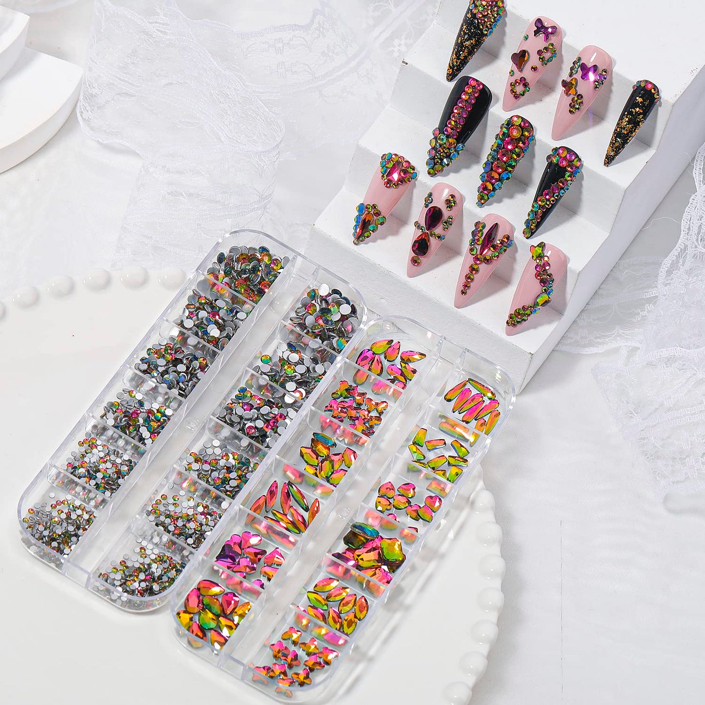 HNUIX Nail Rhinestones - 3D Multi Shape Size, Crystal Colorful Red Nail Gems, Flat Back, with Kit, for Nail Art, DIY Decorations