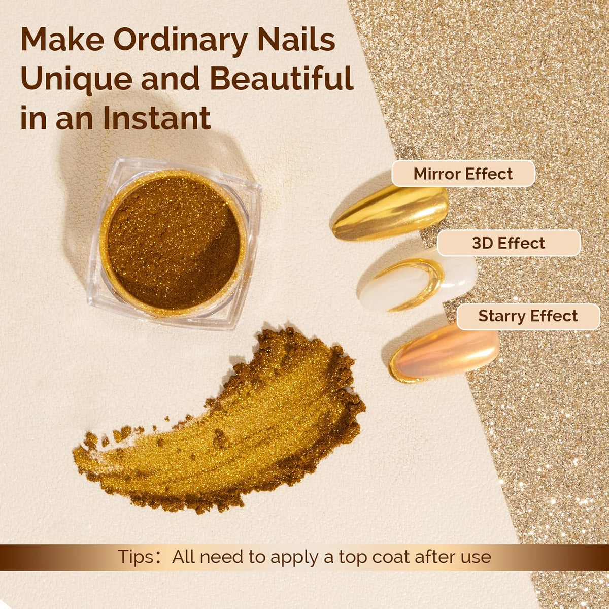 MelodySusie Gold Chrome Nail Powder for Gel Nails,Metallic Mirror Effect Pigment Stylish and Technological Fine Glitter for Home DIY Salon Use