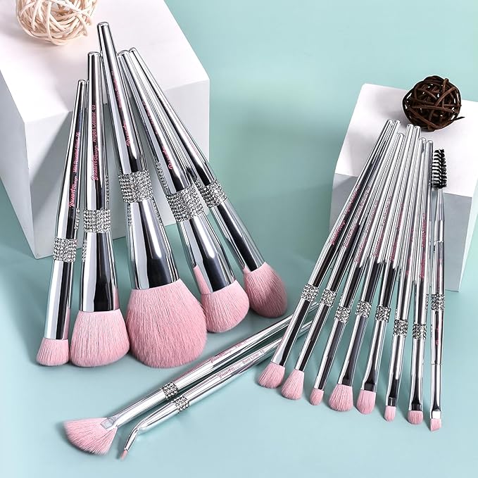 Bueart Design Elegant pink Ultra soft labeled Makeup Brushes Sets with Brush Holder makeup brush set with Foundation Powder blush blending contour Brush (15Pcs Silver Pink+Holder)