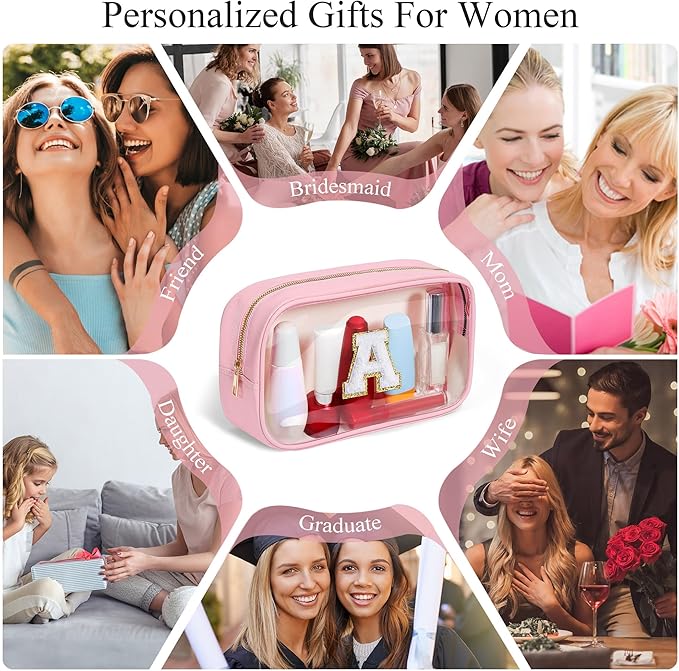 YOOLIFE Initial Make Up Bag Travel Toiletry Bag, Clear Makeup Bag Preppy Cosmetic Bags Organizer Travel Essentials Pink Gifts for Women Teen Girlfriend Teacher Mom Birthday Mothers Day Gifts E