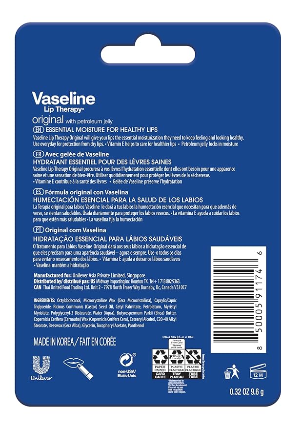 Vaseline Lip Therapy Care Original, Fast-Acting Nourishment, Ideal for Chapped, Dry, Cracked, or Damaged Lips, Lip Balm, 2-Pack of 2, 0.16 Oz Each, 4 Lip Balms