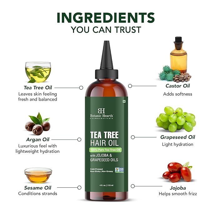 Botanic Hearth Tea Tree Oil For Hair (4 Fl Oz) | With Jojoba & Grapeseed Oils | Soothes Itchy Scalp & Fights Dandruff | Non Gmo Verified