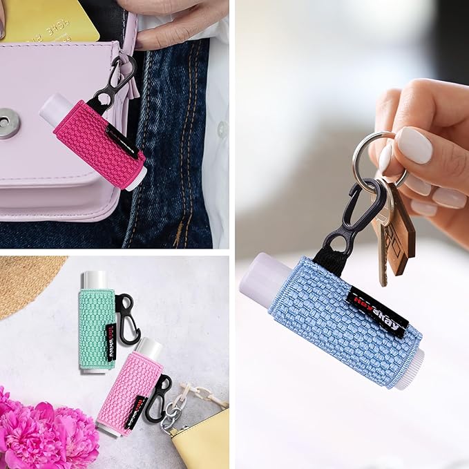 3PCS Lip Balm Holder Sleeves Keychain Lipstick Sleeves Lip Gloss Holder Keychain Chapstick Elastic Sleeves(Black/Rose/Beige)