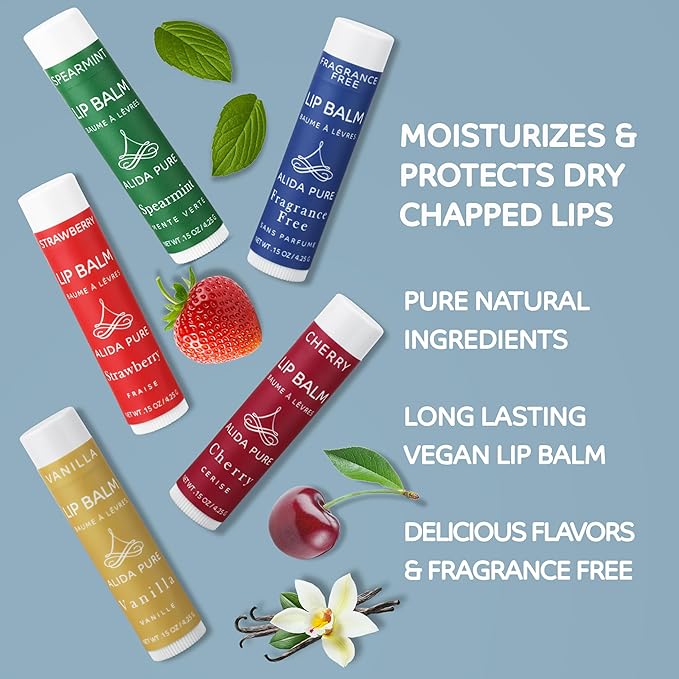 ALIDA PURE Melody Lip Balm Collection, Vegan, Lip Balm, Beeswax Free, with Avocado Oil, Organic Jojoba Oil, and Vitamin E, Natural Moisturizer for Dry, Chapped Lips, 5 Tube Set
