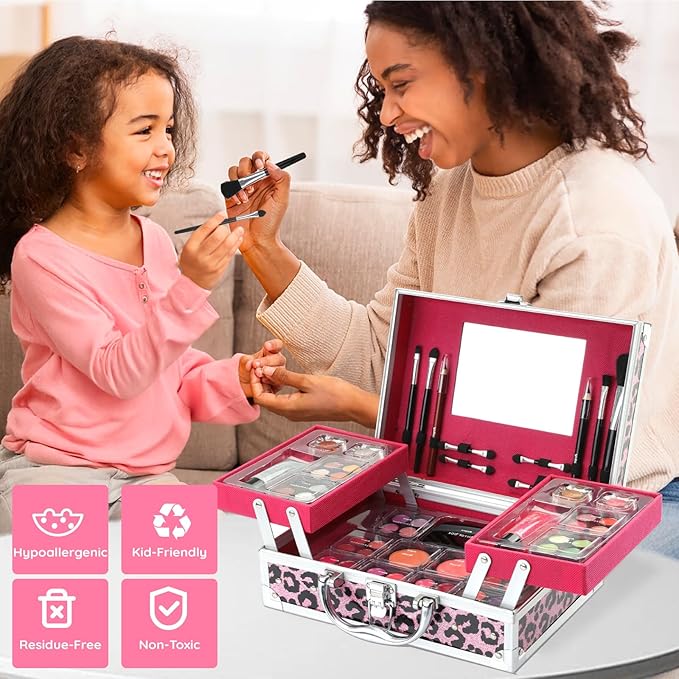 Anpro All-In-One Leopord Double Folding Makeup Carry Case with Pro Teen Makeup Set, Full Starter Kit with Makeup Brushes, Lipsticks, Eyeshadow Palette, Blushes, Glitter Gel, Ideal Present for Girls