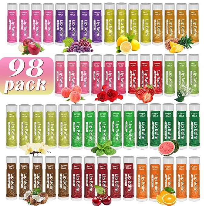 98 Pack Natural Lip Balm Bulk with Vitamin E and Coconut Oil - Moisturizing, Soothing, and Repairing Dry and Chapped Lips - 14 Flavors - Non-GMO