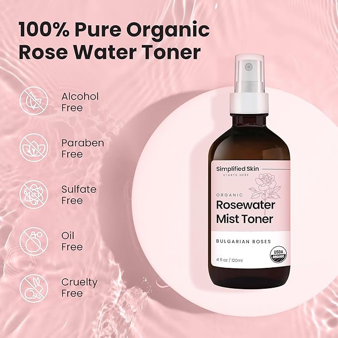 Rose Water Spray for Face & Hair - Organic USDA Certified Rosewater Facial Toner - Alcohol-Free Makeup Setting Hydrating Face Mist - Anti-Aging Toner Spray - 2 Pack