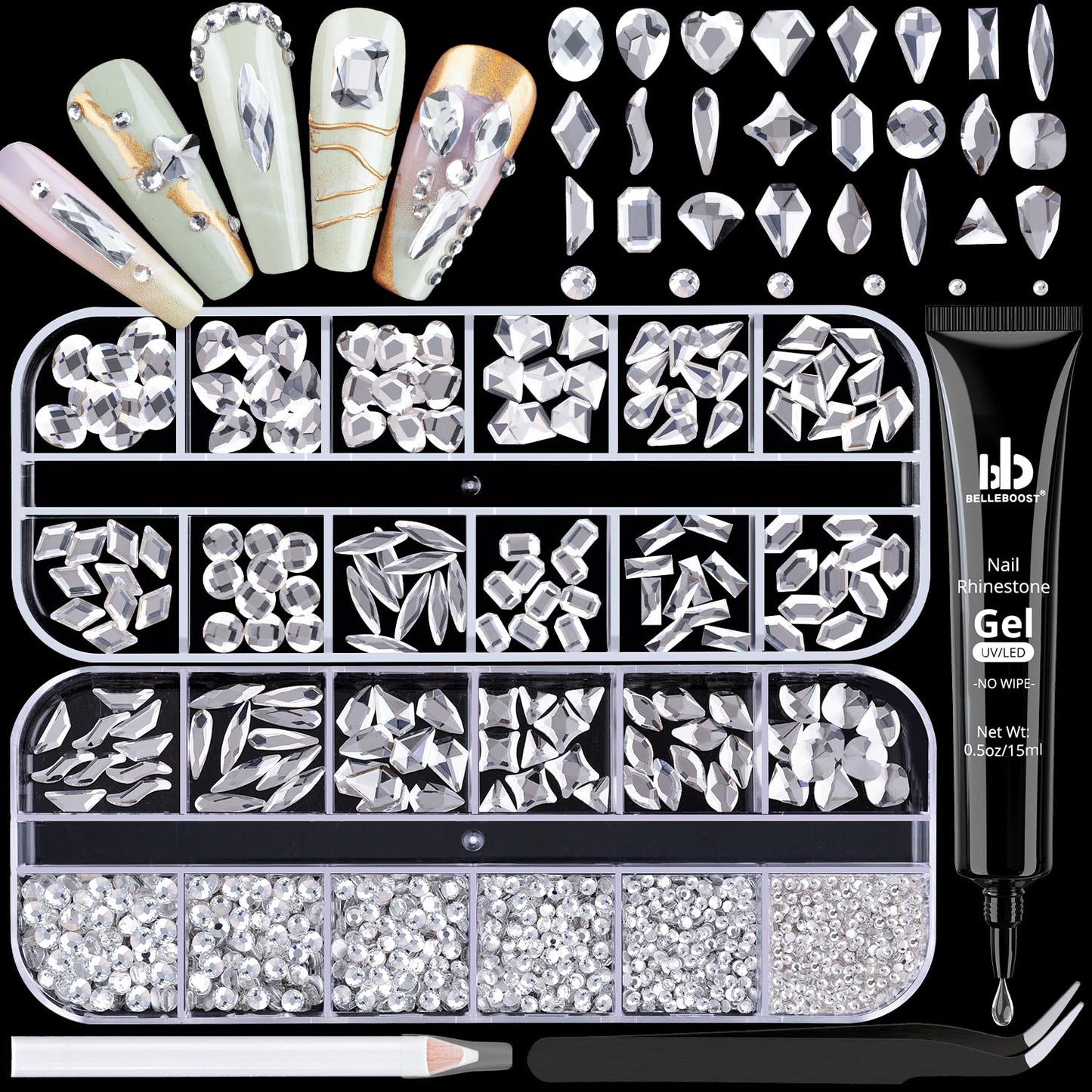 1680Pcs Silver Clear Nail Rhinestones 180Pcs Multi Shapes Glass Flatback Nail Gems + 1500Pcs 1.5-4mm Round Crystal with Rhinestones Glue Gel, Manicure Nail Charms Diamond Gemstones for Nail Art