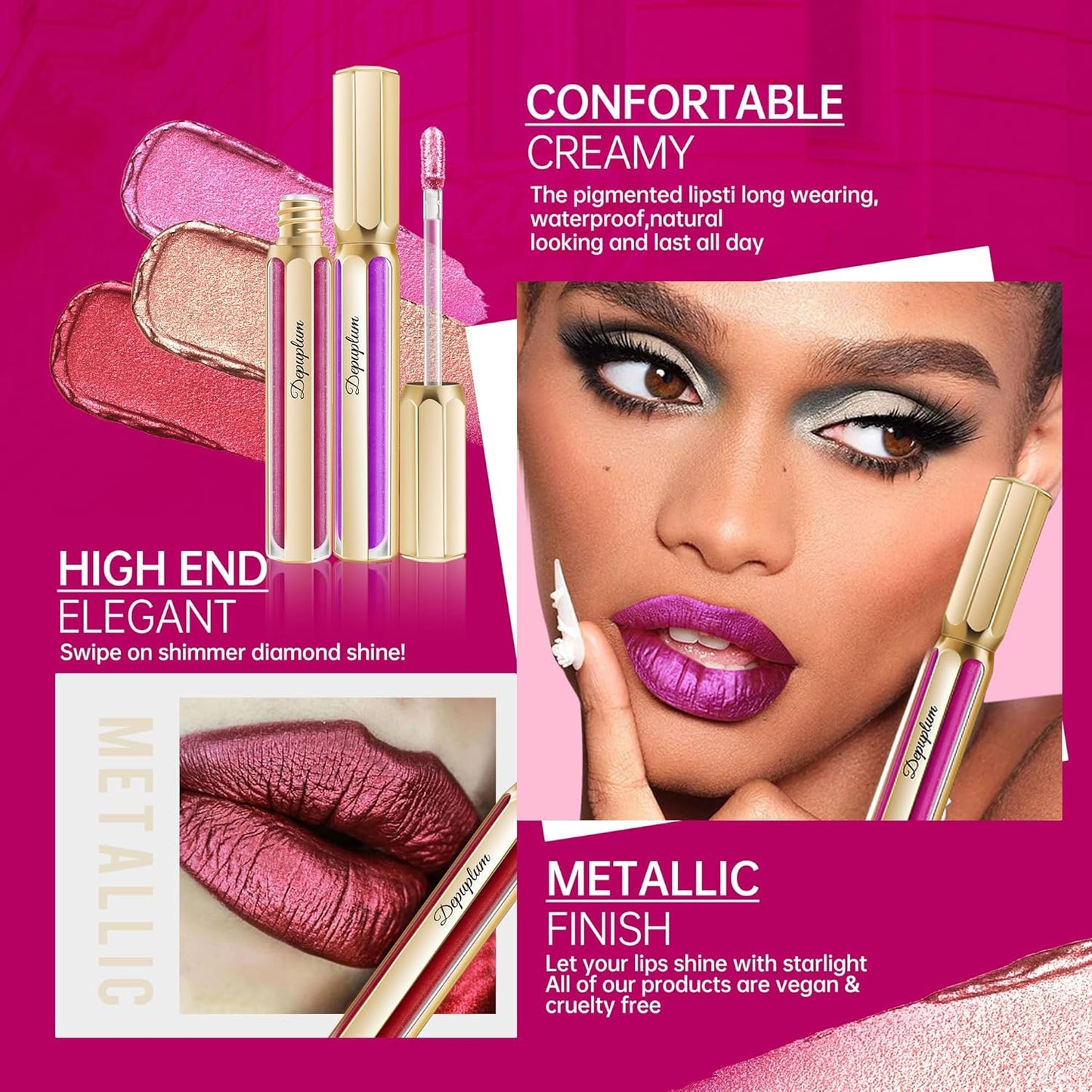 Gold Lipsticks for Women Metallic Lipstick Long Lasting Non Stick Cup Lip Gloss, Shimmer Lightweight Hydrating Full Coverage Lip Color,DP111 Ponyo