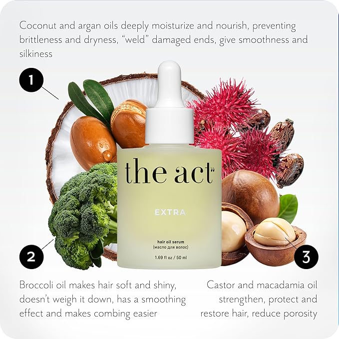 The Act Hair Oil for Dry & Frizzy Hair – Leave-In Lightweight Treatment with Argan, Coconut & Castor Oil – Non-Greasy Finish – 1.69 fl oz