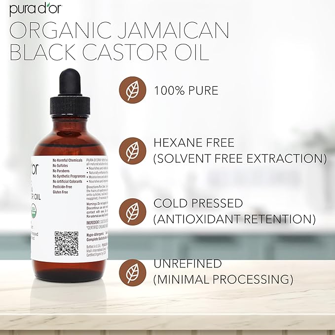 PURA D'OR 4 Oz ORGANIC Jamaican Black Castor Oil - Natural Smoky Scent - w/ 2 BONUS Empty Brushes - 100% Pure USDA Certified Cold Pressed & Roasted, Hexane Free Eyelash & Eyebrow Serum