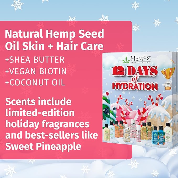 Hempz Twelve Days of Hydration Skin Care Gift Set (12-pack) - Candy Cane Moisturizer & Lip Balm, Vanilla Moisturizer, Pineapple & Melon, Original, & Triple Moisture Shampoo, Conditioner & Moisturizer