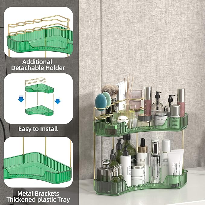 2 Tier Corner Bathroom Organizer Countertop, Vanity Makeup Organizer with Brush Holder, Space-Saving Skincare Storage Corner Shelf for Bathroom, Dressing Table, Kitchen