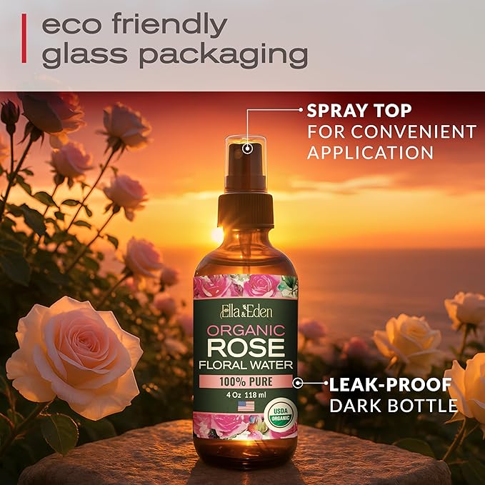 Ella & Eden Organic Rose Water Spray for Face, Hair 4 Fl Oz | USDA Certified 100% Pure Steam Distilled Hexane-Free | Hydrating, Refreshing Facial Mist for All Skin Types