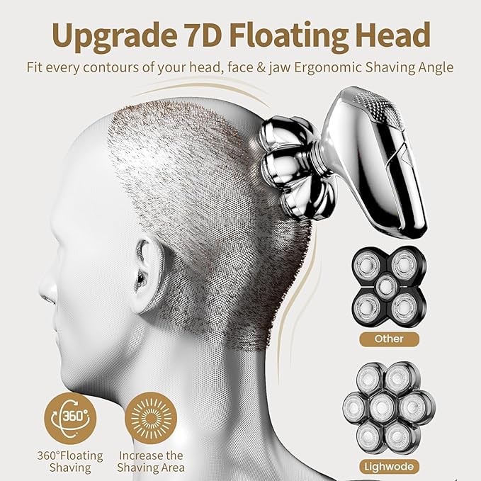 Detachable Head Shavers, SHPAVVER 5 in 1 Electric Razor IPX7 Waterproof for Bald Men, Wet Dry LED Display Rechargeable 7D Rotary Shaver Grooming Kit with Type C Charge A，Bright Silver