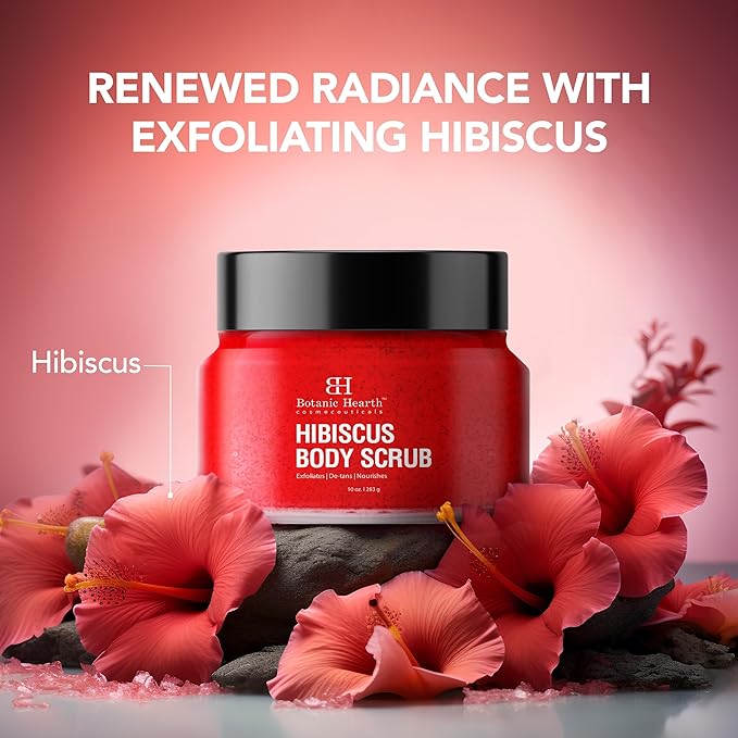Botanic Hearth Hibiscus Body Scrub Exfoliator | Hydrating Raw Sugar Scrub | Natural Body Scrub For Skin Care, Stretch Marks, Acne & Cellulite, Eczema, Age Spots & Varicose Veins | 10 Oz