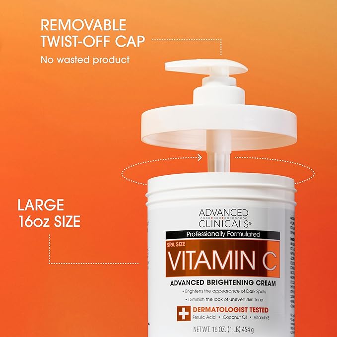 Advanced Clinicals Vitamin C Cream Face & Body Lotion Moisturizer | Anti Aging Skin Care Firming & Brightening Cream For Body, Face, Uneven Skin Tone, Wrinkles, & Sun Damaged Dry Skin, 16 Oz