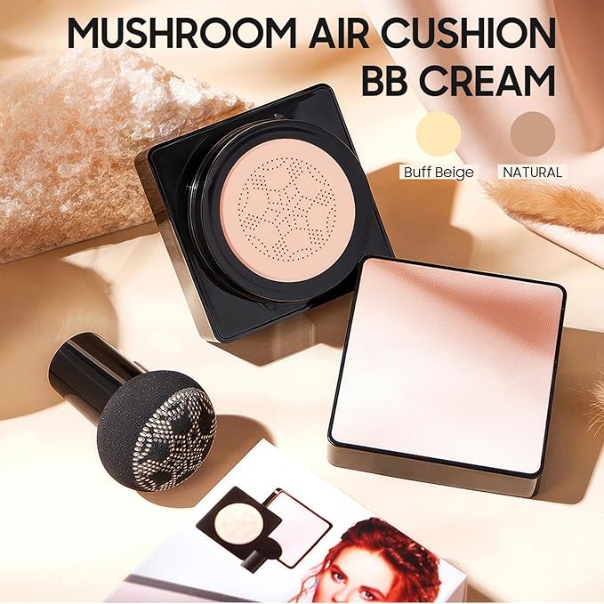Air Cushion CC Cream Mushroom Head - Moisturizing & Oil Control Screw Lid Concealer Makeup Base, Primer Liquid Foundation Long Lasting with Mushroom Makeup Sponges for All Skin Types (Buff Beige)