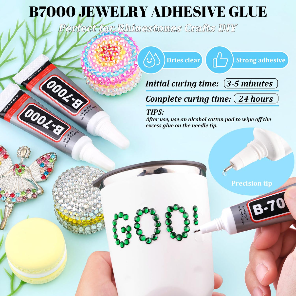 6000Pcs Resin Rhinestones for Bedazzling with 3Pcs B7000 Jewelry Glue, 1 Box Emerald Green Flatback Rhinestones for Crafting Crafts DIY, Crystals Gems for Clothing Shoes Tumblers Nail Art Makeup