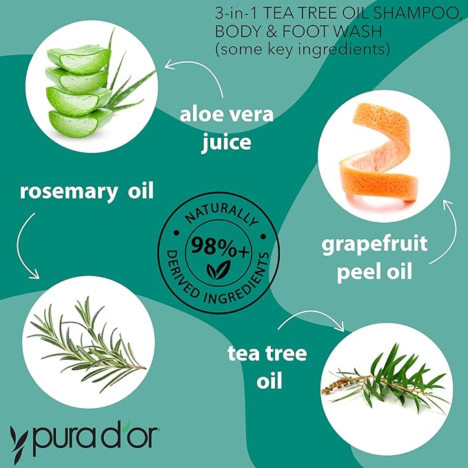 PURA D'OR 3-in-1 Tea Tree Shampoo, Body & Foot Wash, Shampoo (16oz x3 = 48oz) Total Body Care - Foot Odor & Daily Hygiene, Cleansing Routine, Post-Workout Refreshment - Soothes, Invigorates, Nourishes