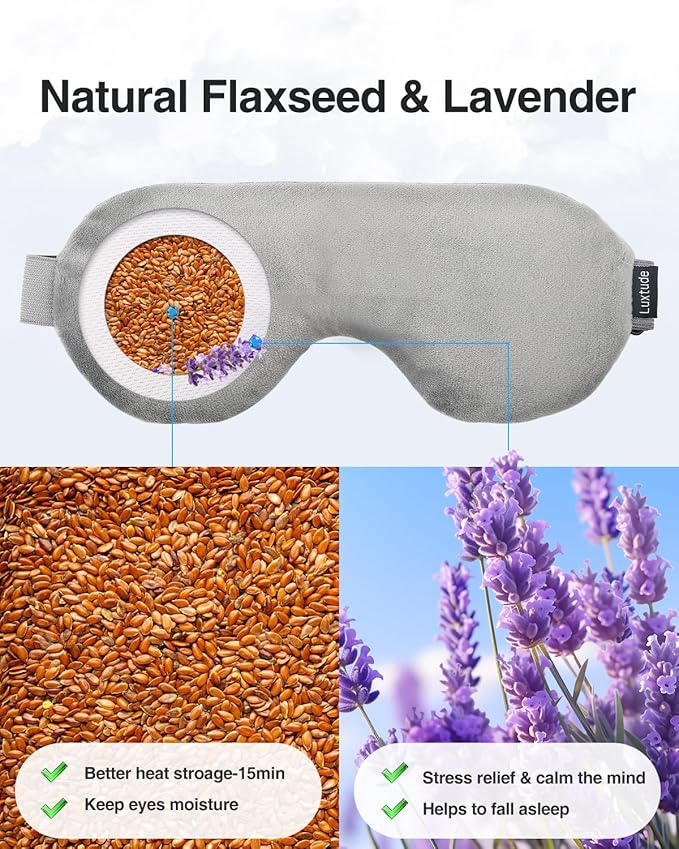 Luxtude Heated Eye Masks for Dry Eyes with Flaxseed & Lavender, Microwave Warm Eye Compress Moist Heat, Weighted Eye Mask for Sleeping, Hot Stye Eye Compress for Puffy Eyes, Dark Circles (Gray)