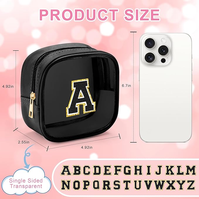 YOOLIFE Initial Mini Makeup Bag | Make Up Bag Travel Toiletry Bag | Clear Makeup Bag | Preppy Cosmetic Bags Organizer Travel Essentials Gifts for Women Teen Girlfriend Teacher Birthday Gifts Black A