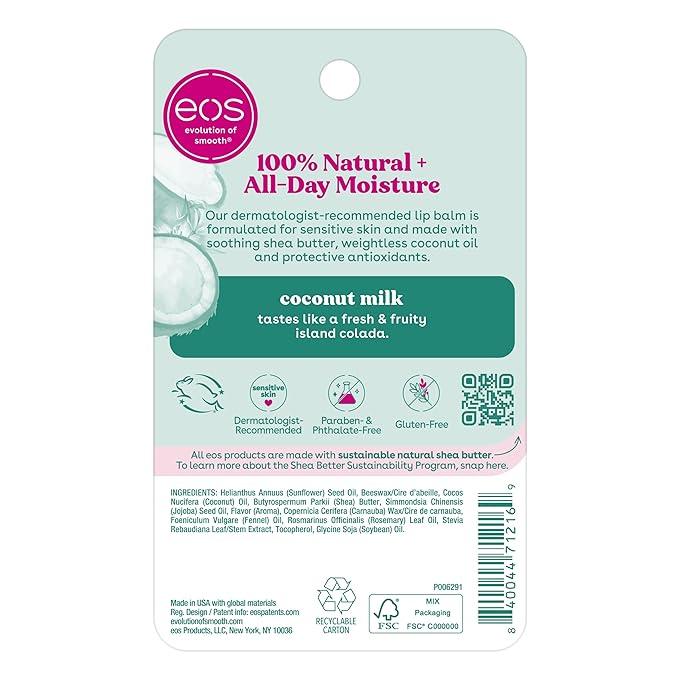 eos 100% Natural Lip Balm- Coconut Milk, All-Day Moisture, Made for Sensitive Skin, Lip Care Products, 0.14 oz, 2-Pack