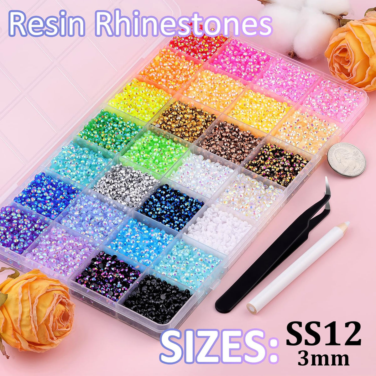 30000Pcs Resin Rhinestones with Tweezers for Crafting, Mixed-Color 3mm Bedazzling Crystal with 1Pcs 10ml B7000 Jewelry Glue for DIY Crafts Clothing Tumblers Shoes Fabric Nail Art
